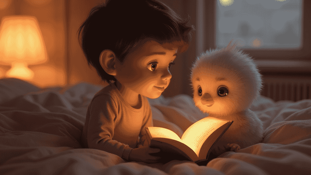 Eine gemütlich leuchtende Nachttischlampe beleuchtet einen kleinen Plüschfuchs in einem abgedunkelten Kinderzimmer.