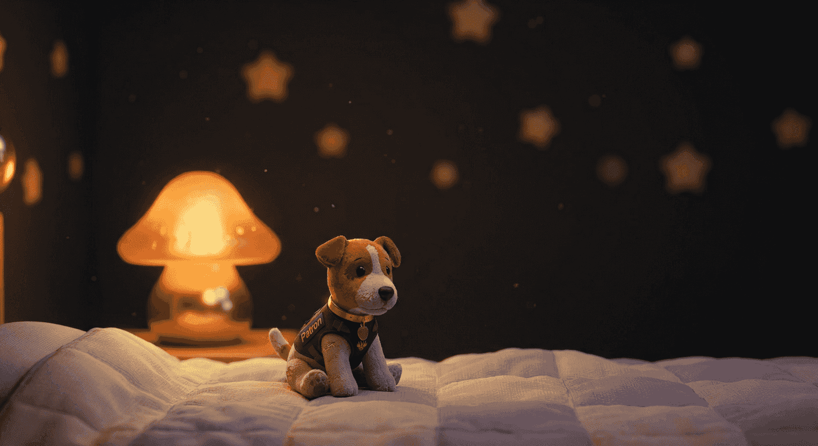 Eine warme Nachttischlampe beleuchtet ein Kinderzimmer, in dem ein kleiner Stoffhund neben einem Kinderbett sitzt.