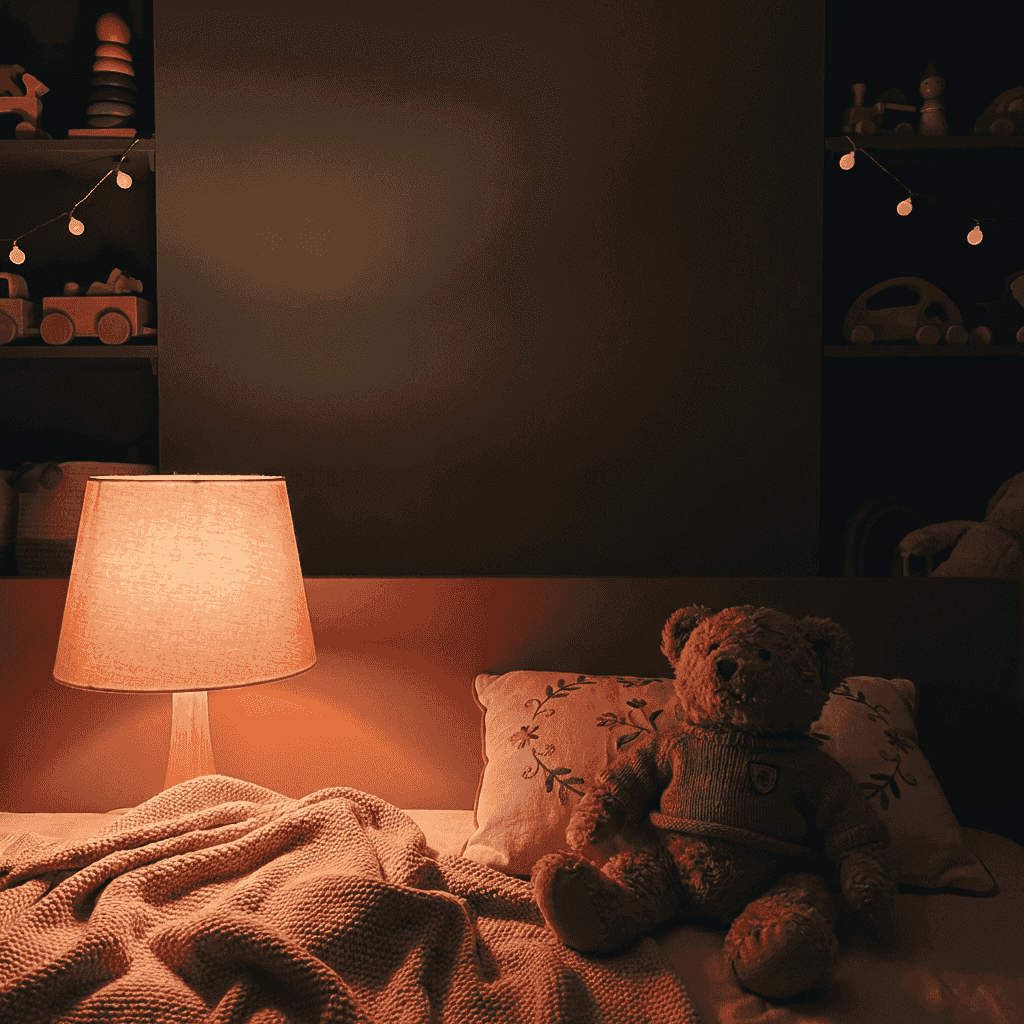 Ein gemütliches Kinderzimmer im warmen Licht einer Nachttischlampe, in dem ein Stoff-Adler neben einem Kissen liegt.