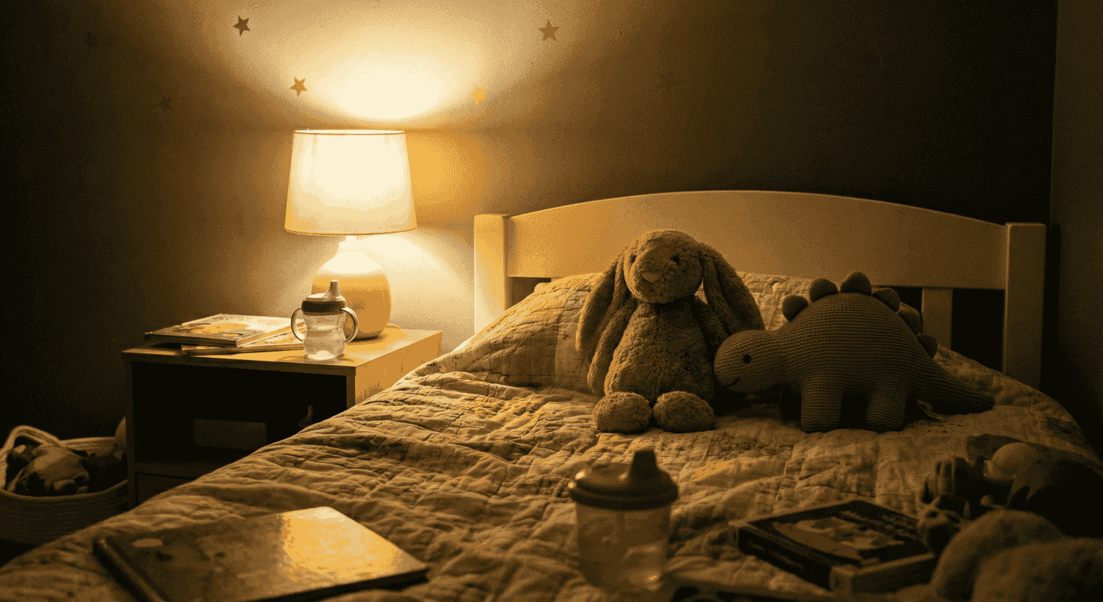Ein Hase und ein grüner Dinosaurier als Kuscheltiere sitzen friedlich auf einem Bett im warmen Licht einer Nachttischlampe, keine Menschen.