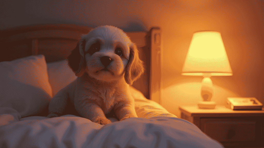 Plüschhund Patron sitzt auf einem Kinderbett im warmen Licht einer Nachttischlampe, neben einem Bilderbuch.