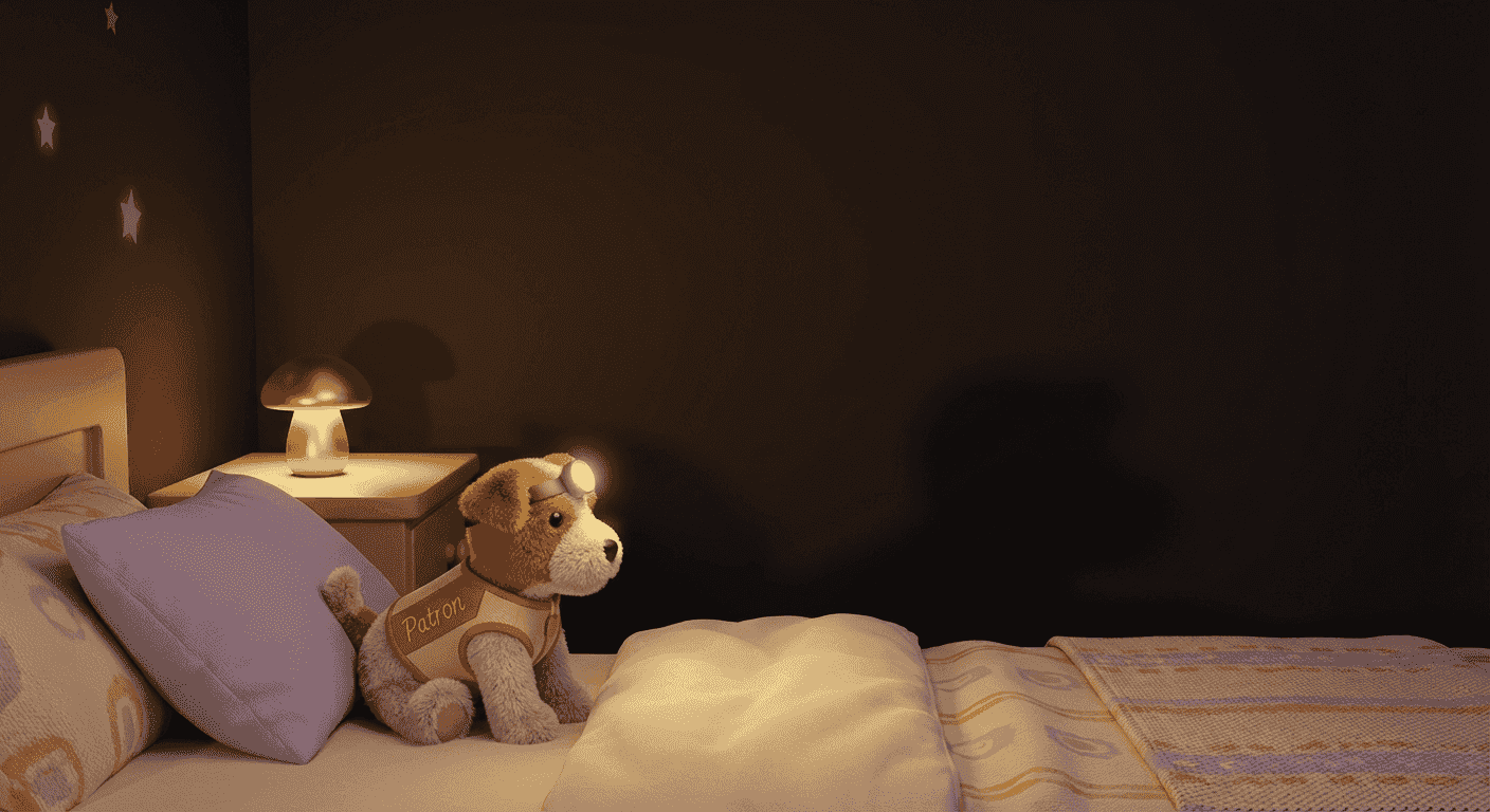 Plüschhund Patron beschützt das Kinderzimmer im sanften Licht der Nachtlampe