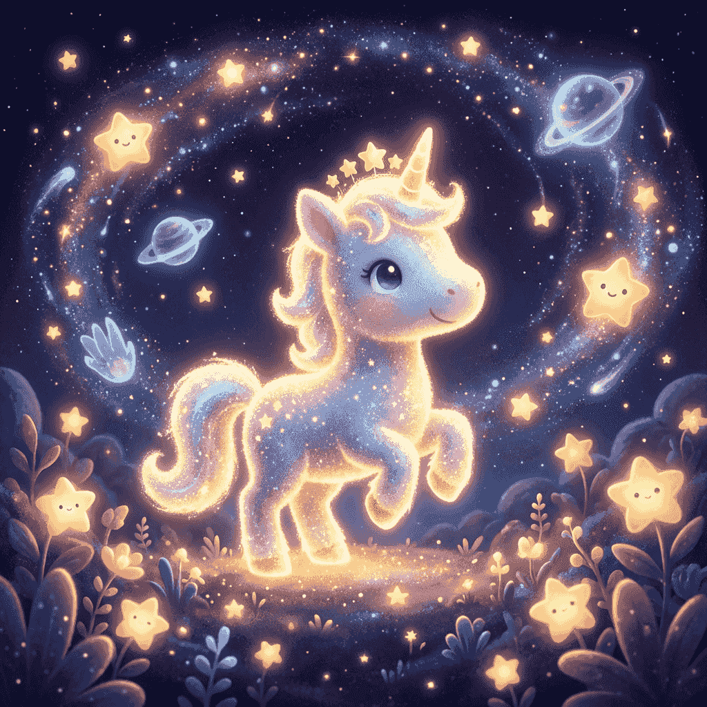 Einhorn Sternchen umgeben von magischen Sternen, gemütliches Licht