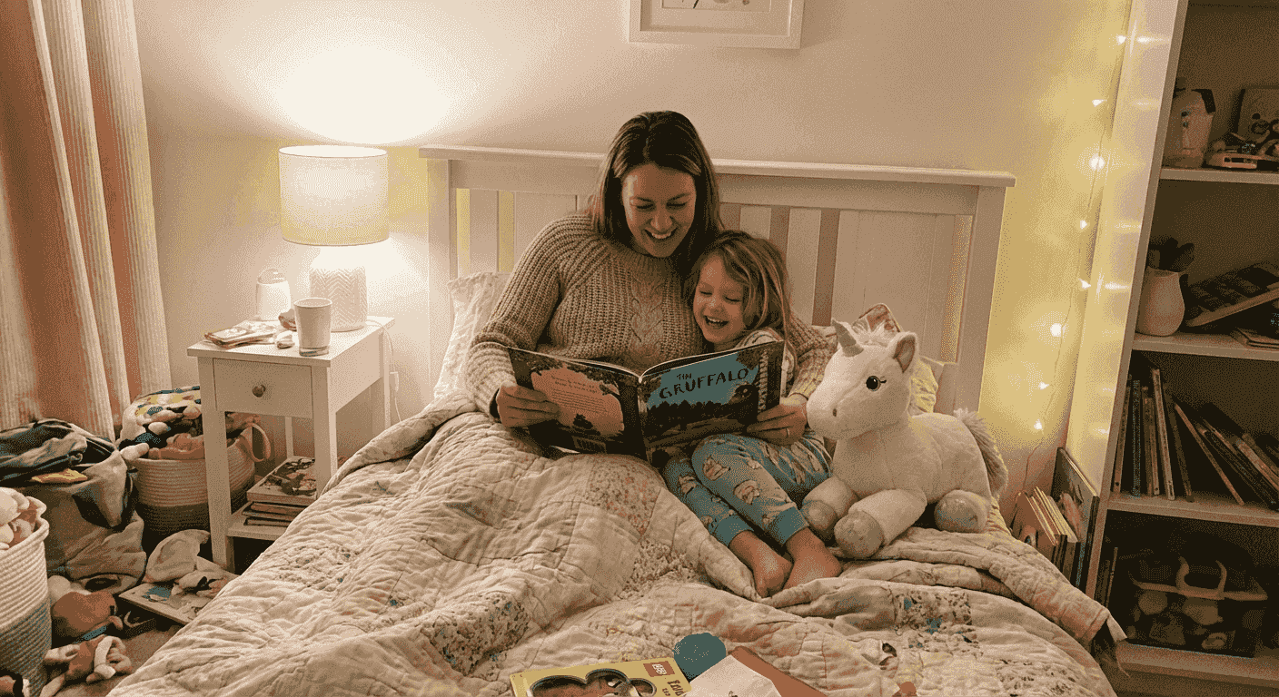 Eine Mutter sitzt im gemütlichen Kinderzimmer und liest ihrer Tochter aus einem Buch vor, während ein weisses Kuschel-Einhorn neben ihr liegt.