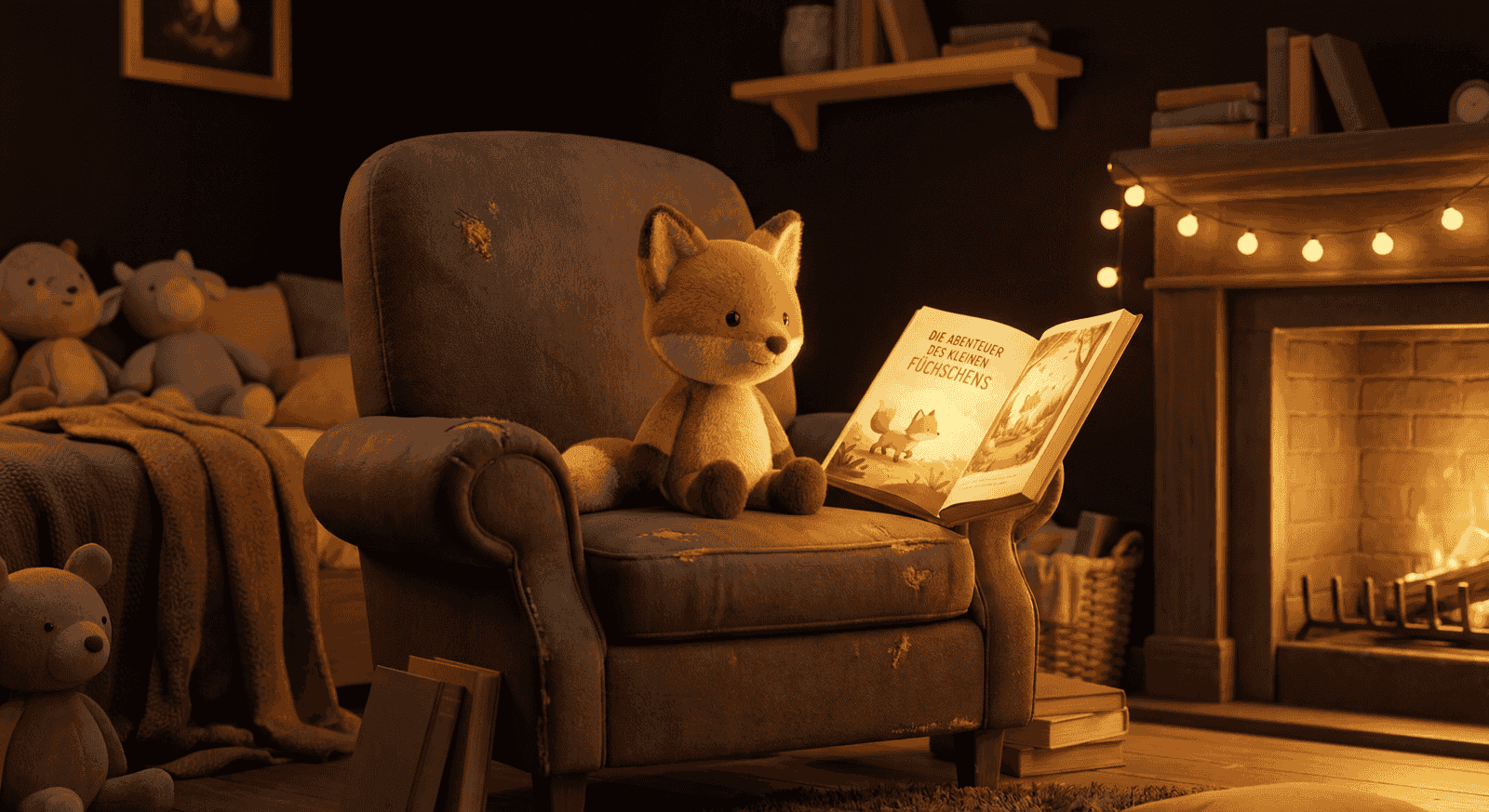 Ein kleiner Plüschfuchs sitzt auf einem gemütlichen Sessel in einem warm erleuchteten Zimmer, daneben ein aufgeschlagenes Kinderbuch