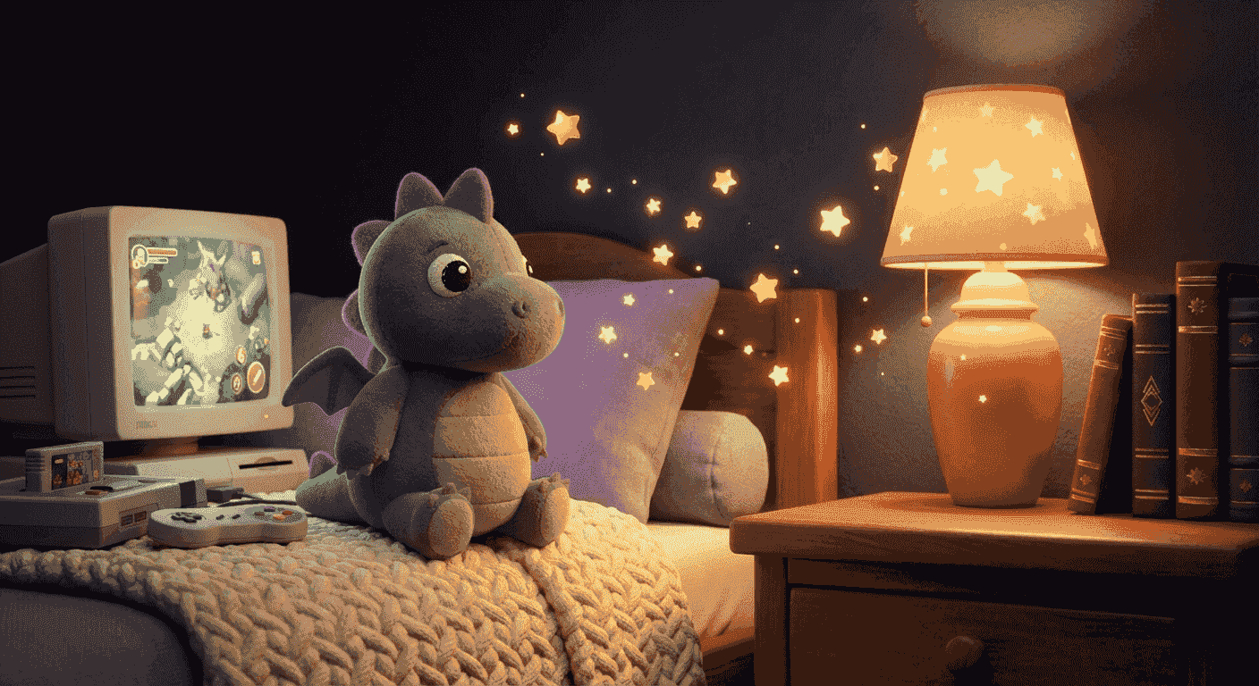 Ein grüner Plüschdrache sitzt vor einem Computerbildschirm mit einer Spielekonsole, umgeben von goldenen Sternen im warmen Licht einer Nachttischlampe