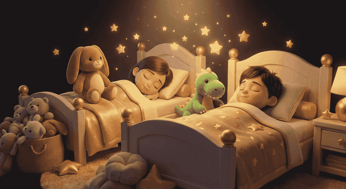 Hase Schnuffel und Dino Rex sitzen auf einem Bett, umgeben von goldenen Sternen, während zwei Kinder friedlich schlafen