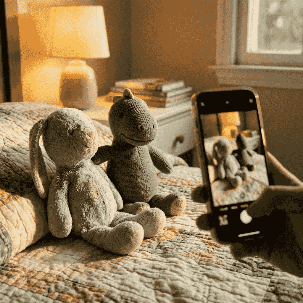 Zwei Kuscheltiere — ein Hase und ein Dino — sitzen friedlich nebeneinander auf einem Bett, warmes Licht der Nachttischlampe