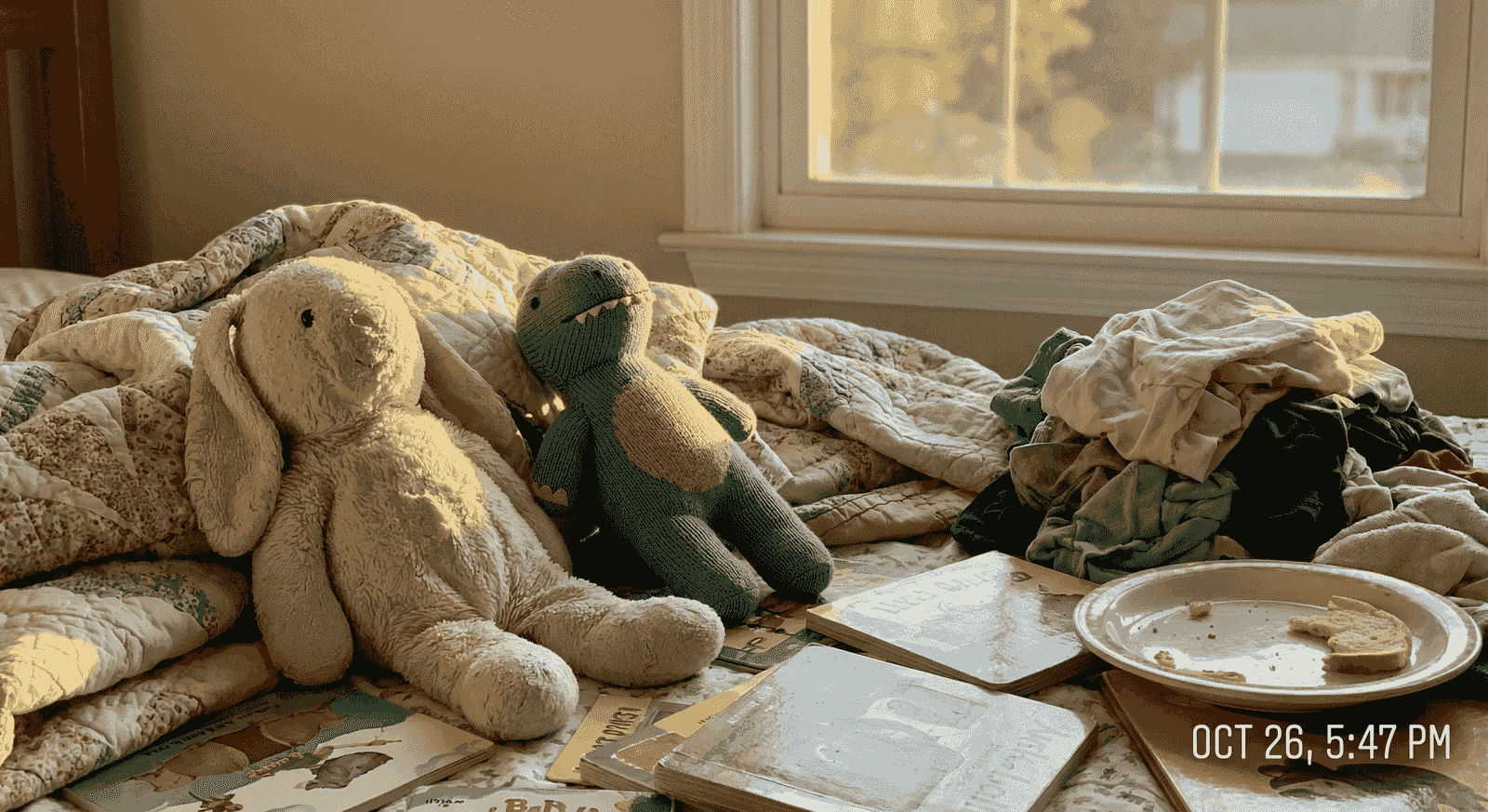 Kuschelhase und Stoff-Dinosaurier auf einem Bett im warmen Abendlicht