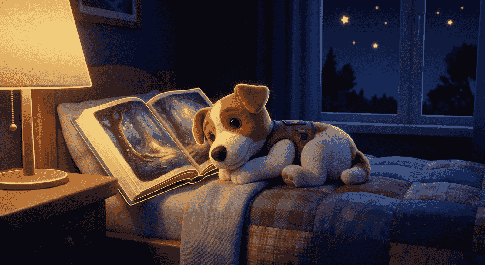 Plüschhund Patron liegt auf einem Bett mit einem aufgeschlagenen Märchenbuch, warmes Licht der Nachttischlampe.
