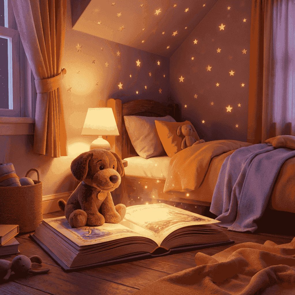 Ein gemütliches Kinderzimmer im goldenen Licht einer Nachttischlampe, ein brauner Stoffhund namens Patron sitzt friedlich auf einem kleinen Kissen.