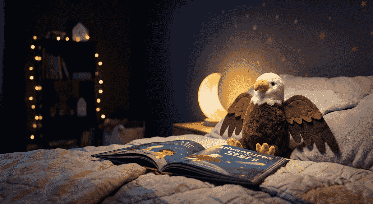 Ein gemütlich beleuchtetes Kinderzimmer am Abend. Ein Plüschadler sitzt neben einem aufgeschlagenen Märchenbuch auf dem Bett.