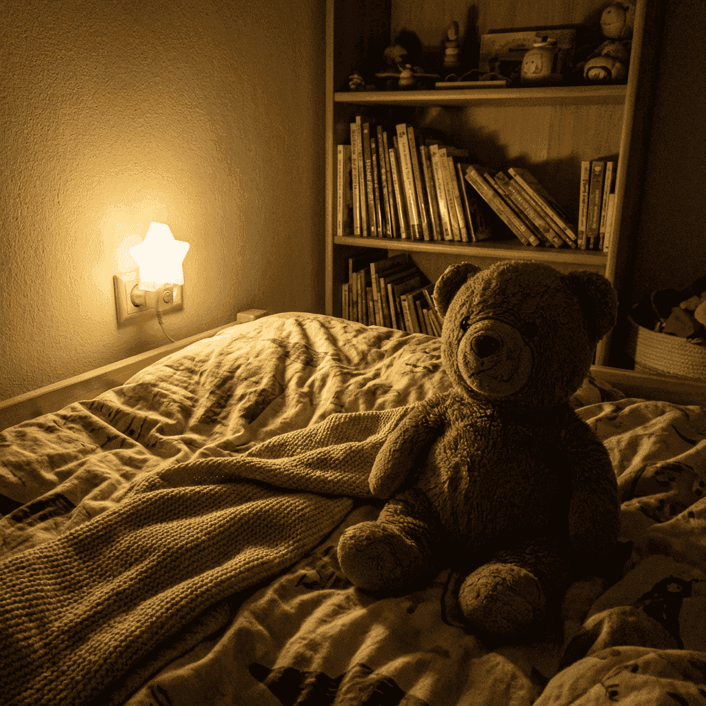 Ein gemütlich beleuchtetes Kinderzimmer, in dem ein Plüsch-Adler auf dem Bett liegt.