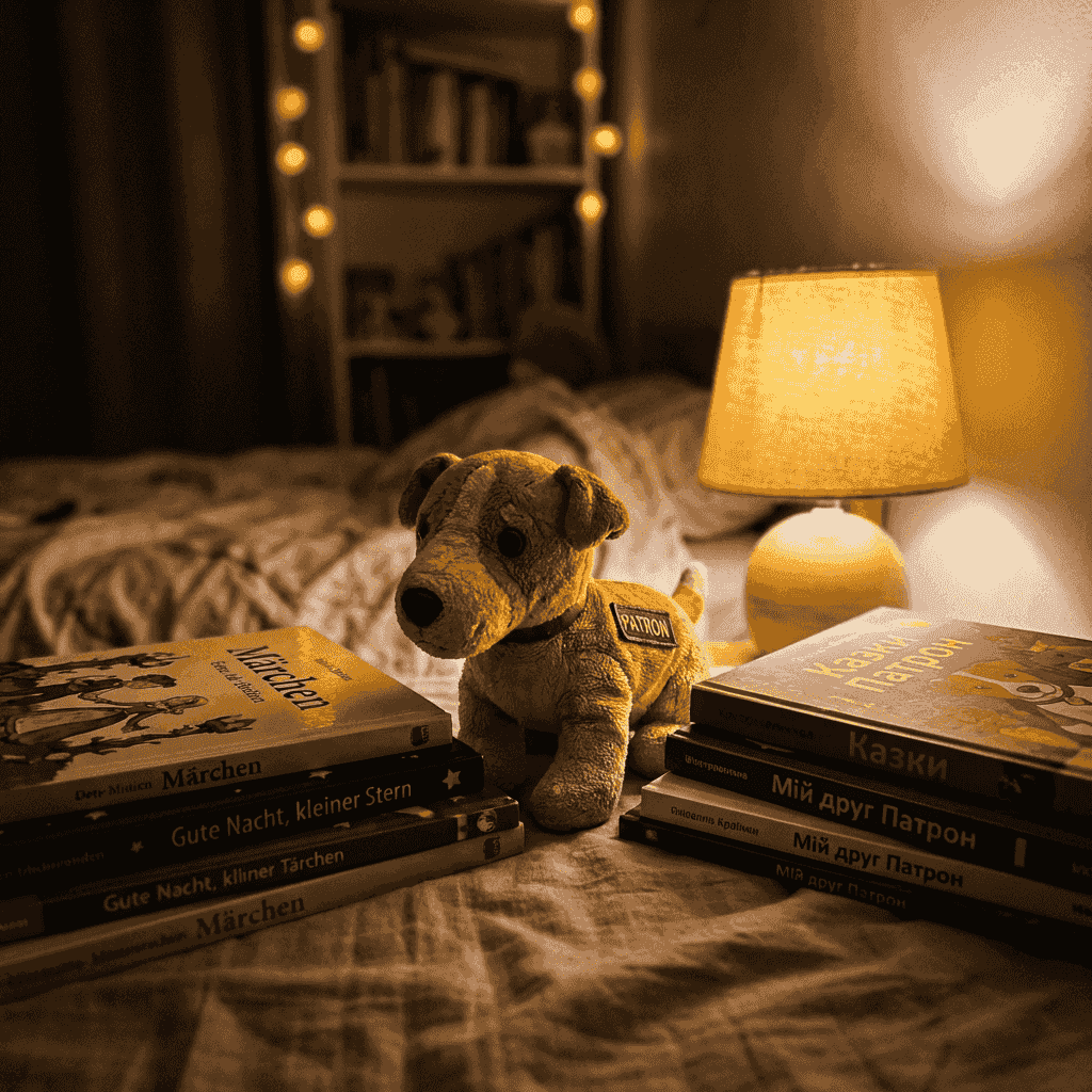 Der Plüschhund Patron liegt auf einem Kinderbett zwischen deutschen und ukrainischen Büchern, warmes Licht der Nachttischlampe