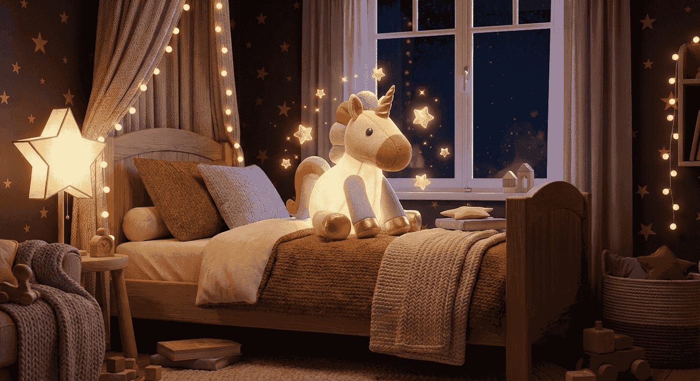 Ein magisches weisses Einhorn-Kuscheltier leuchtet sanft im dunklen, gemütlichen Kinderzimmer.