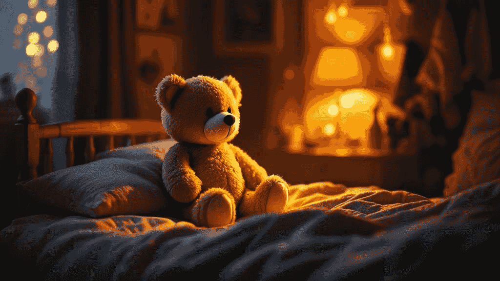 Bär Brummi sitzt in gemütlichem Licht auf einem Kinderbett