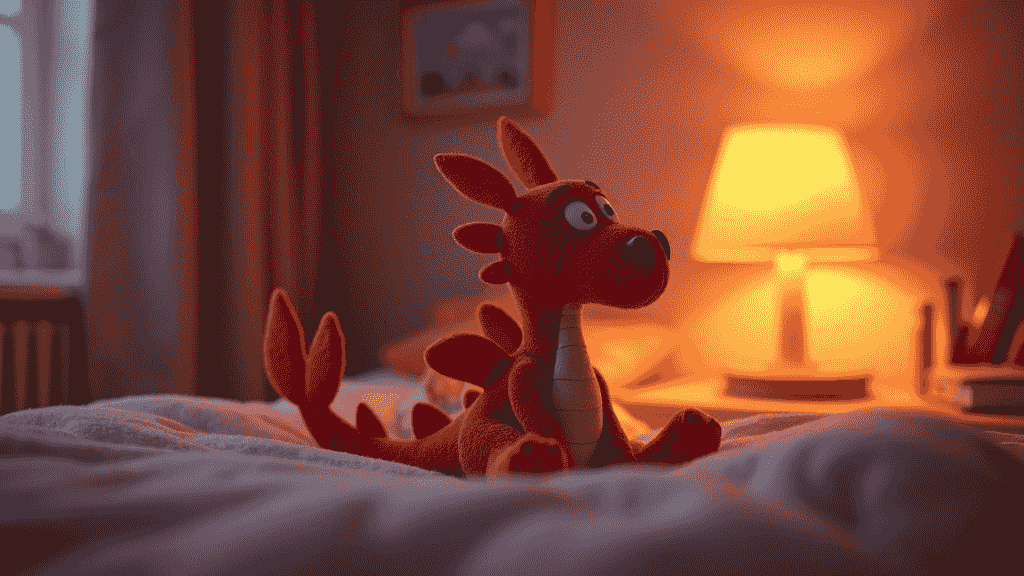 Ein roter Stoffdrache sitzt auf einem Kinderbett im gemütlichen Licht einer Nachttischlampe